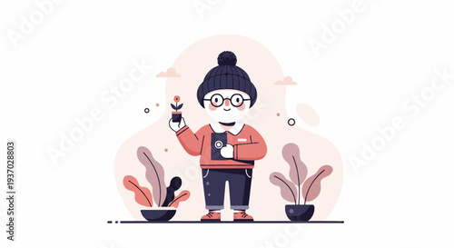 A stylized character in a beanie holds a potted plant and a book, surrounded by abstract shapes and leafy plants
