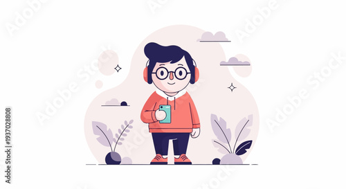A cheerful cartoon character with headphones and a phone enjoys a peaceful, stylized environment