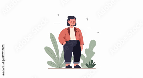 A stylized person stands confidently amongst lush green plants, against a plain background