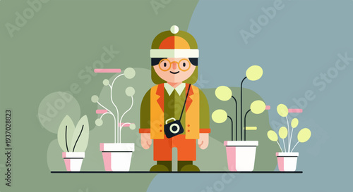 Cartoon person with camera and potted plants