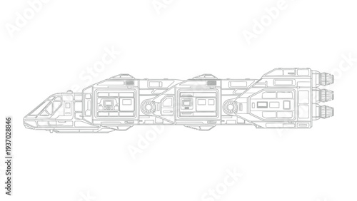 Futuristic Spacecraft Blueprint: A detailed technical illustration of a sleek spacecraft, designed for interstellar travel.