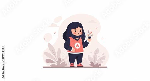 A stylized character holds a potted plant with colorful leaves and looks forward