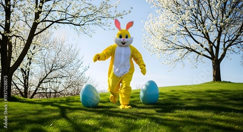 Easter bunny costume in a spring landscape