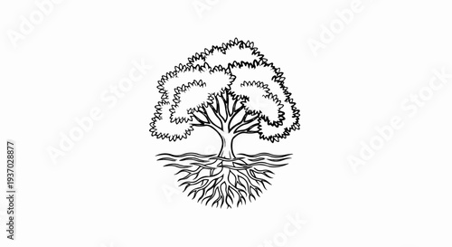 Hand-drawn tree with prominent roots and leafy canopy
