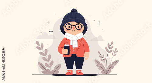 Character in warm clothing holding a mug, with plants and clouds