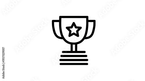 A black and white line art image of a trophy with a star inside, set against white background