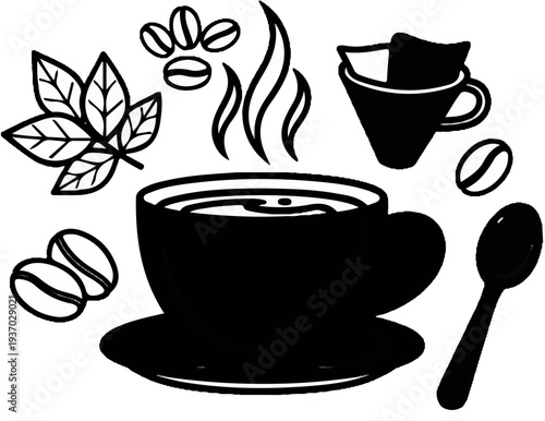 A steamy cup of coffee with beans, leaves, and spoon