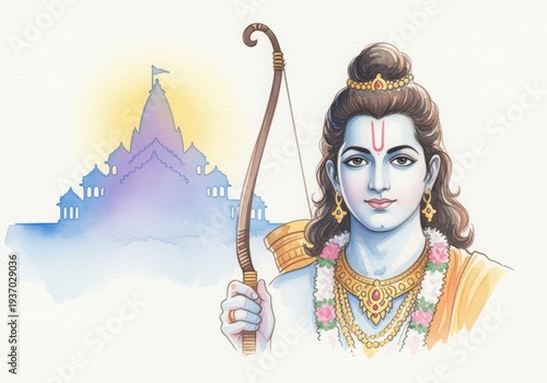 Hindu deity Rama with bow and arrow spiritual temple background watercolor painting