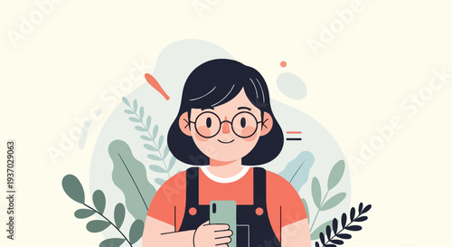 A cheerful young person wearing glasses and overalls, holding a phone amidst abstract plant elements