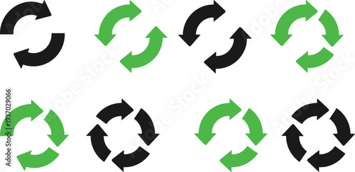 Green and black circular refresh arrows collection, recycling rotation loop icons set for update sync reload process and eco workflow concepts