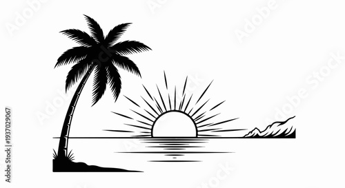 A silhouetted palm tree stands on a shore beside a radiant sun setting over the ocean
