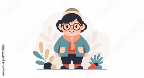 A smiling, round-faced person wearing a hat, glasses, scarf, jacket, and pants, with plants in background