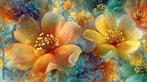 Vibrant floral artwork with large orange and yellow flowers