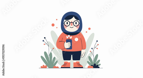 Person in hijab and glasses holding a phone, surrounded by simple plants and red dots