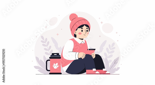 Cheerful character in winter hat holding a tablet next to a paw print thermos