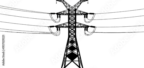 A stark silhouette of a power pylon supporting multiple transmission lines against a white backdrop