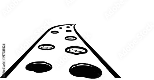 A stylized black and white drawing of a path with puddles