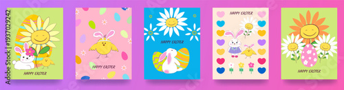 A set of cute Easter cards featuring a bunny, a chick, and a smiling daisy. A trendy modern design with patterned Easter eggs and flowers. Happy Easter! Vector illustration.