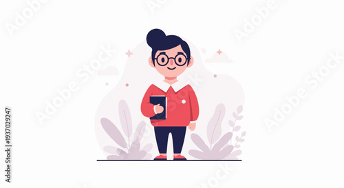 Animated person with glasses, red sweater, dark pants, holding a book