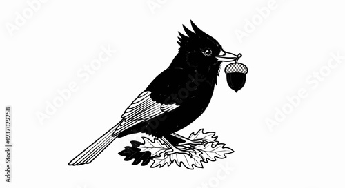 Black bird with crest holds acorn in beak, perched on oak leaves