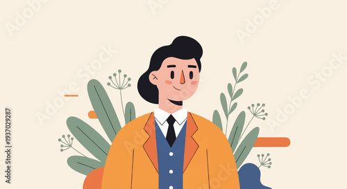Stylized illustration of a person in business attire with floral elements