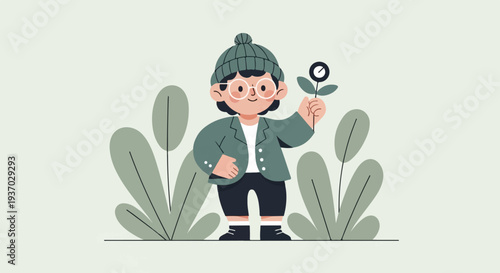 A child in a beanie and glasses holds a small flower, surrounded by lush green foliage