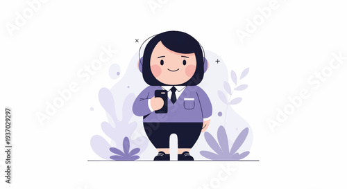 A cartoon person in a purple jacket and tie, wearing headphones and holding a phone