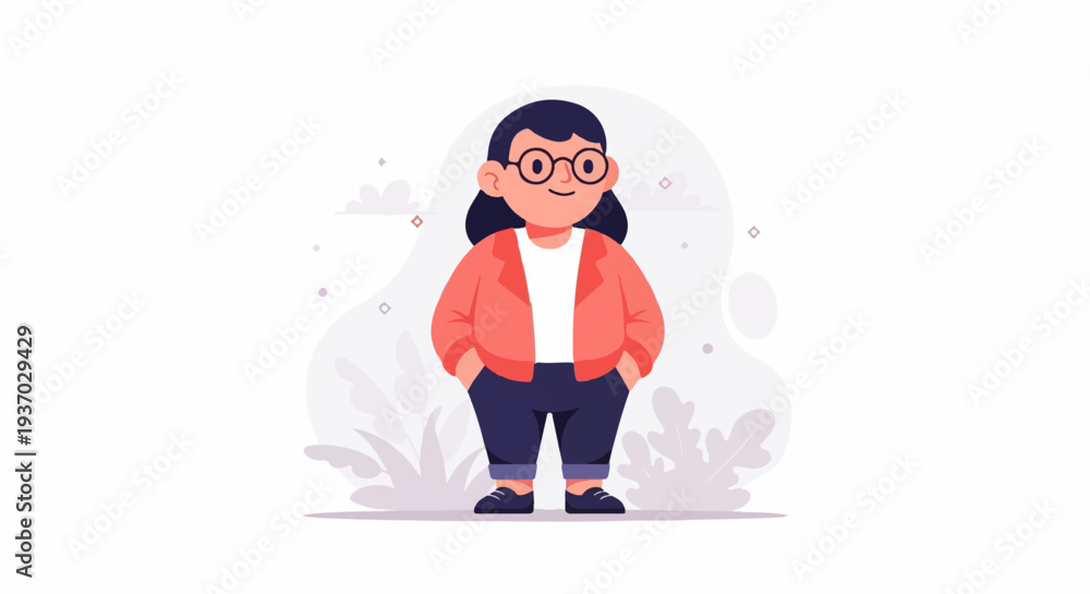 Fototapeta premium Chubby cartoon character with glasses, orange jacket, dark pants, and shoes