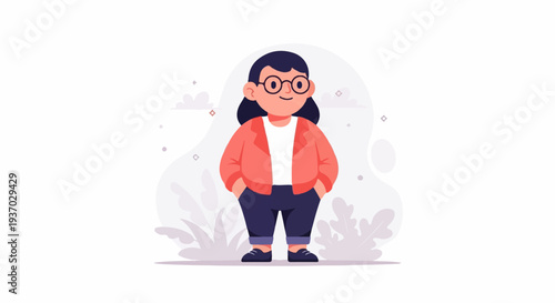Chubby cartoon character with glasses, orange jacket, dark pants, and shoes