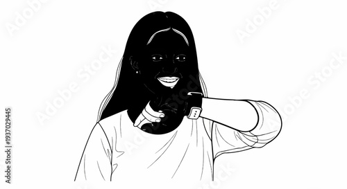 Black and white illustration of a smiling young woman checking her wrist