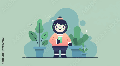 A cute character with headphones and glasses holds a drink, surrounded by potted plants