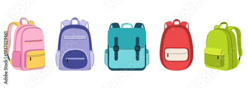Set of five colorful school backpacks flat vector illustration