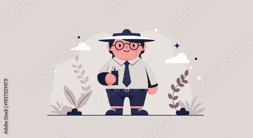 A stylized person in a wide-brimmed hat and glasses, holding a phone, stands in a whimsical natural setting