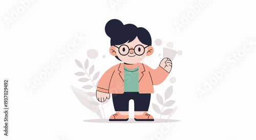 Flat illustration of a person with dark hair and glasses, wearing a coral jacket
