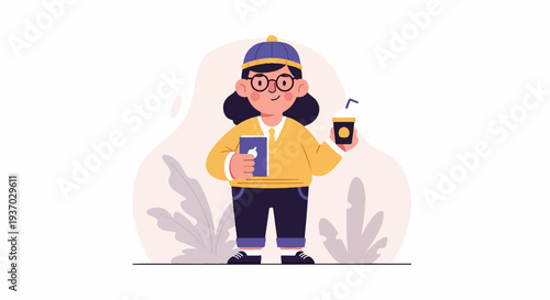 Stylized person in yellow sweater, blue cap, holding book and drink
