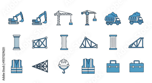 A vector illustration featuring various construction and engineering icons, including heavy machinery, structural elements, safety gear, and tools.