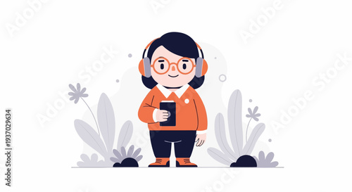 Cheerful person with headphones and phone in a stylized natural setting