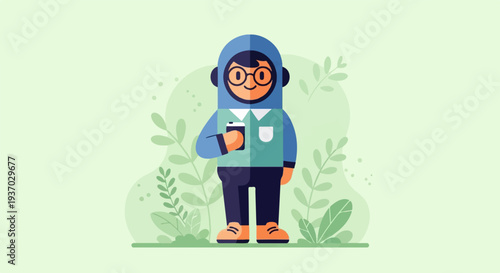 A cartoon character in a blue hooded outfit holds a smartphone amidst green foliage