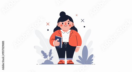 Stylized person in a blazer holding a book with abstract plants and shapes in the background