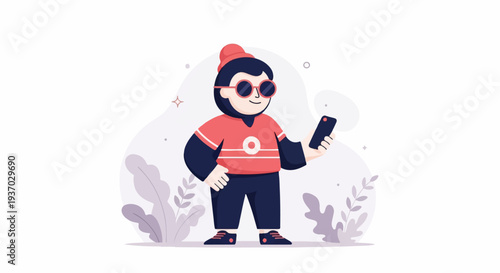 Stylized character wearing sunglasses and a beanie, holding a smartphone