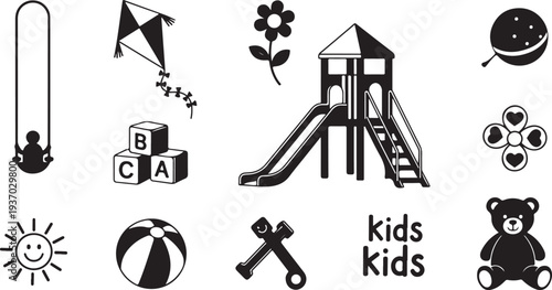 Black and white illustration of various kids toys icons