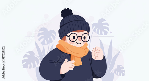 Cheerful person in winter attire with glasses, orange scarf, and beanie, against a backdrop of stylized plants