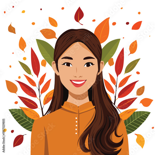 Woman with autumnal leaves illustration