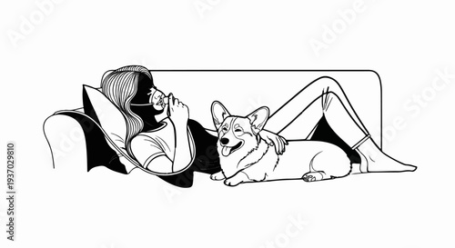 Person reclining on sofa with pet dog and nebulizer mask