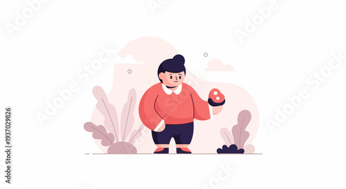 A stylized person in a red sweater and blue pants holds a mushroom, surrounded by abstract plants and clouds