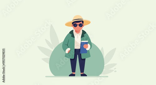 Stylized person in a hat and sunglasses, holding a book, with leafy background