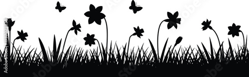 Flower and grass silhouette border with butterflies, blooming meadow plants and wildflowers, black botanical nature landscape isolated on white background, decorative vector illustration.