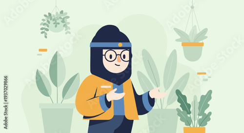 Cheerful person in glasses and hijab stands amidst lush potted plants in a soft, green environment