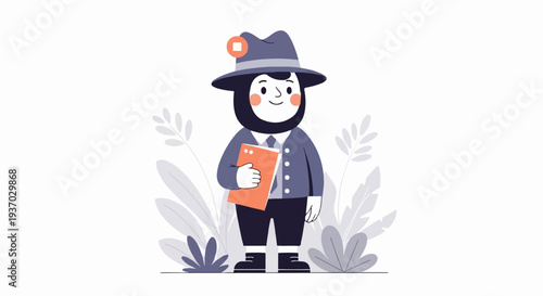 A whimsical, stylized character in a hat and suit holds an orange folder