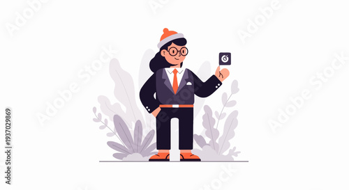 Cheerful person in suit and hat holding a target icon amidst stylized plants